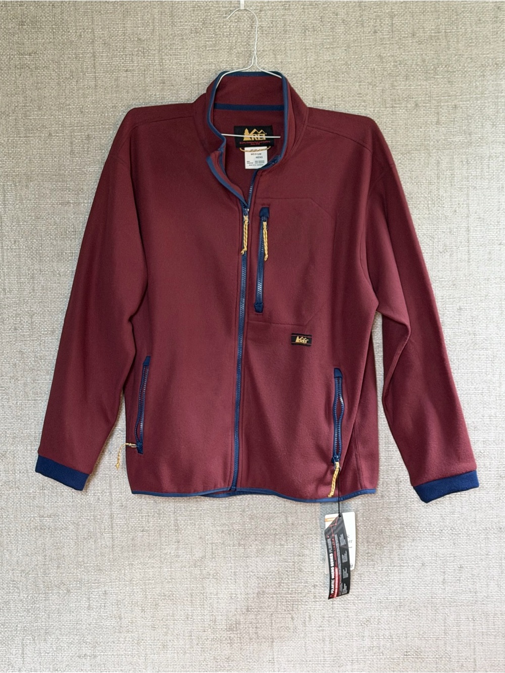 REI Men’s Maroon Full-Zip Performance Polartec Jacket with Blue Trim